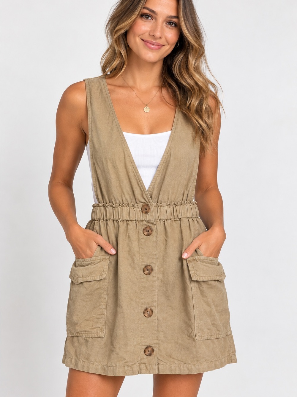 Zara Sleeveless Button-Front Mini Dress in Khaki Medium.  (0031)